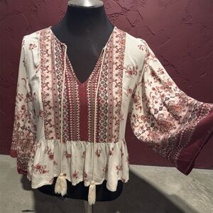 Sadie & Sage Boho Floral Cropped Peasant Blouse Bell Sleeve Crop S/M CottageCore